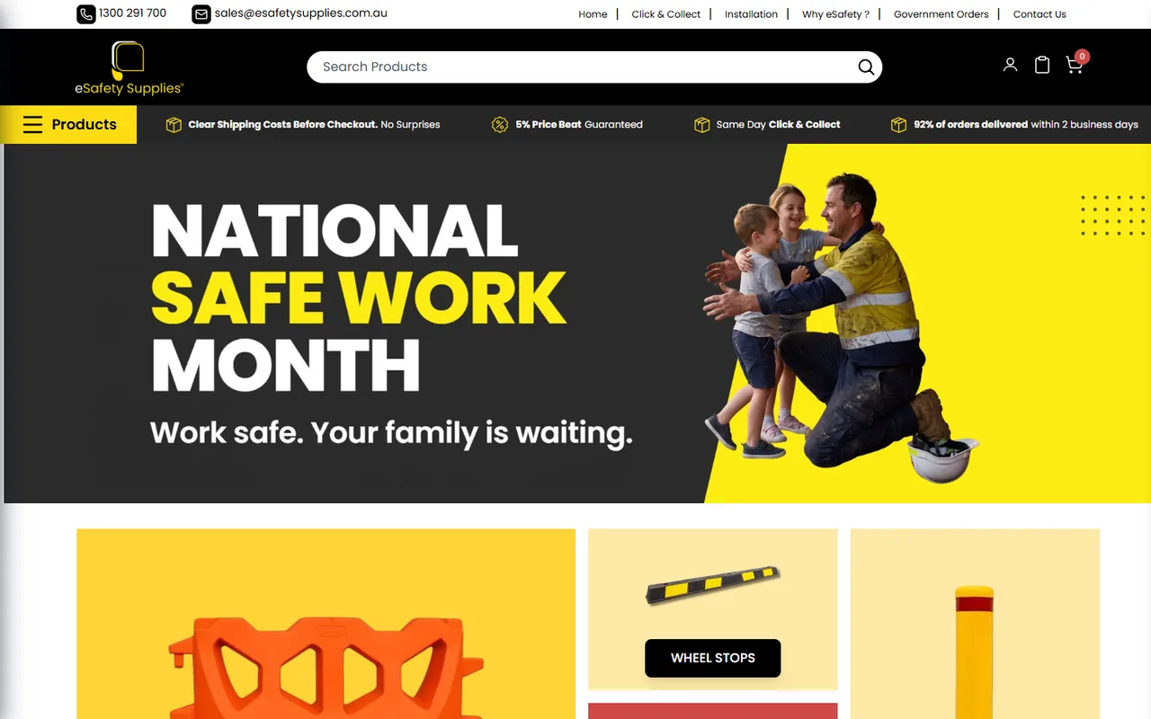 eSafety Supplies Shopify store homepage on desktop